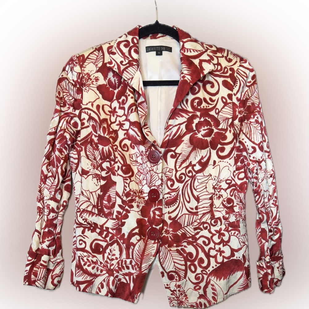 Lafayette 148 New York Red & White Floral Ladies Silk/Linen Jacket Size 10